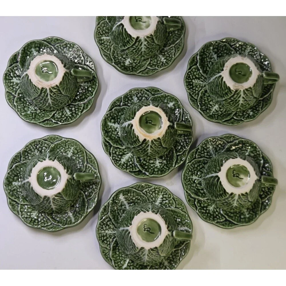 14 Piece Set Majolica Cabbage Espresso 7 Cups & 7 Saucers Ceramic Cabbageware